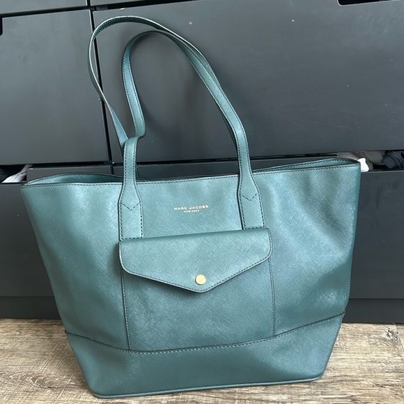 Marc Jacobs Saffiano Double Handle Flap Front Pocket Blue Leather Tote Bag - Picture 1 of 11
